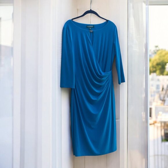 Lauren Ralph Lauren Blue Faux Wrap 3/4 Sleeve Dress Size 10 - Picture 2 of 5